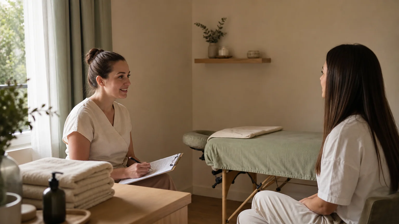 Préparation d’une séance de massage avec un modèle volontaire