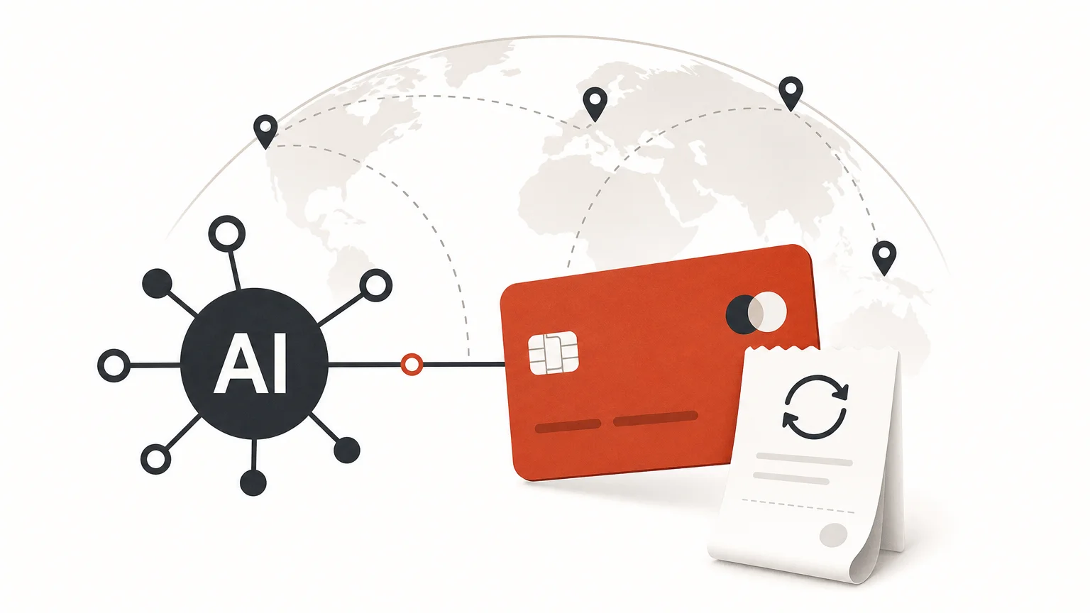 Editorial illustration of global payments for an AI SaaS application