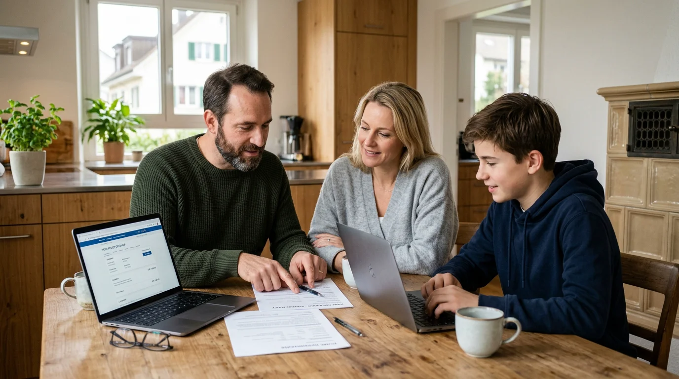 A family reviewing health insurance documents at a kitchen table