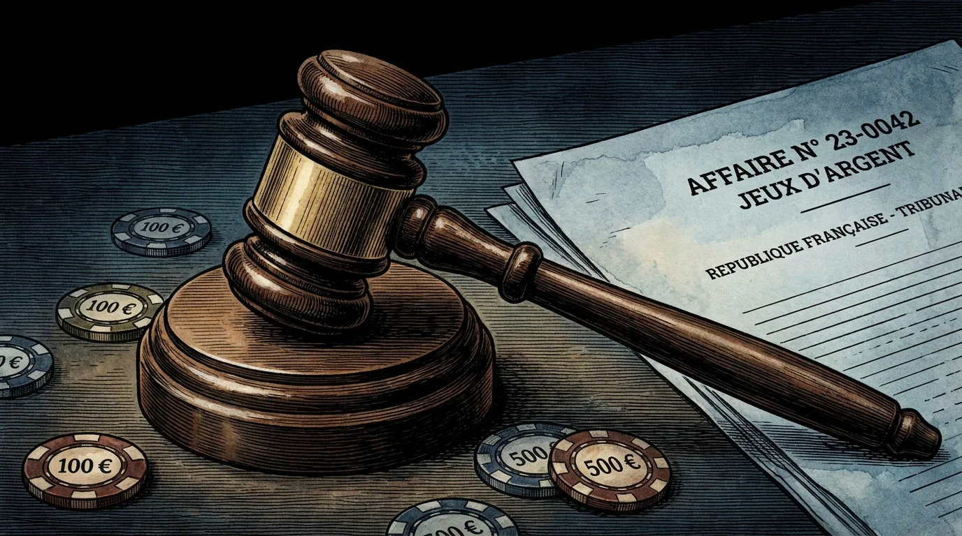 Illustration représentant la justice face aux casinos en ligne illégaux avec un marteau et des jetons