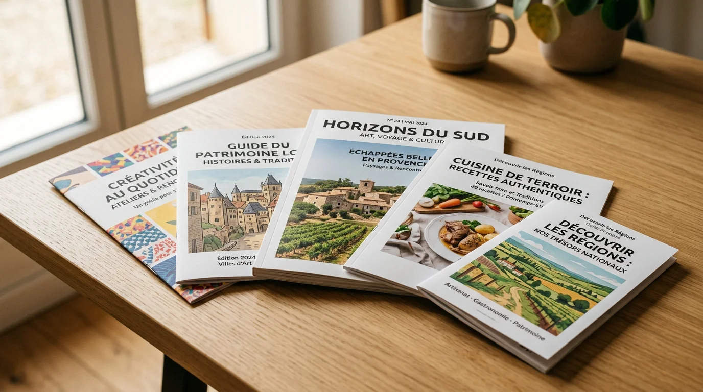 Livret, magazine et brochure imprimés posés sur un bureau en bois clair