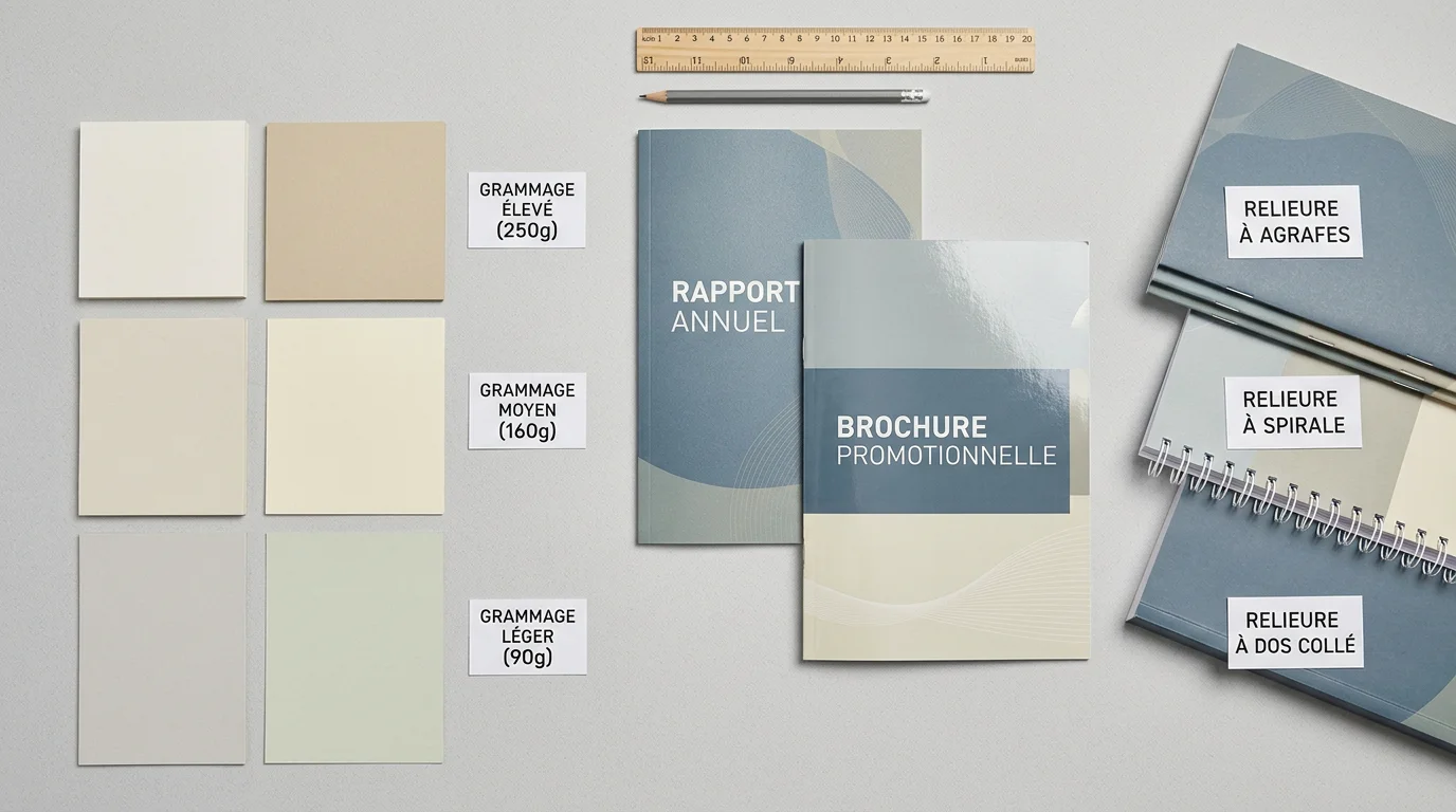 Échantillons de papiers, pelliculages et reliures présentés à plat
