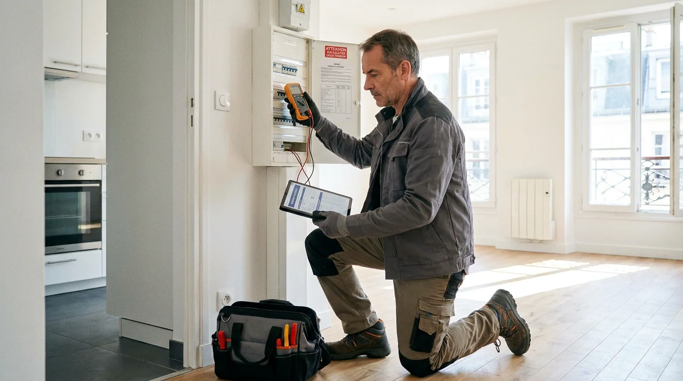 Diagnostiqueur immobilier certifié réalisant un contrôle électrique dans un appartement
