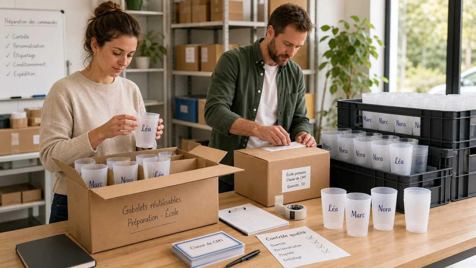 Préparation de gobelets personnalisés avec différents prénoms pour une distribution professionnelle
