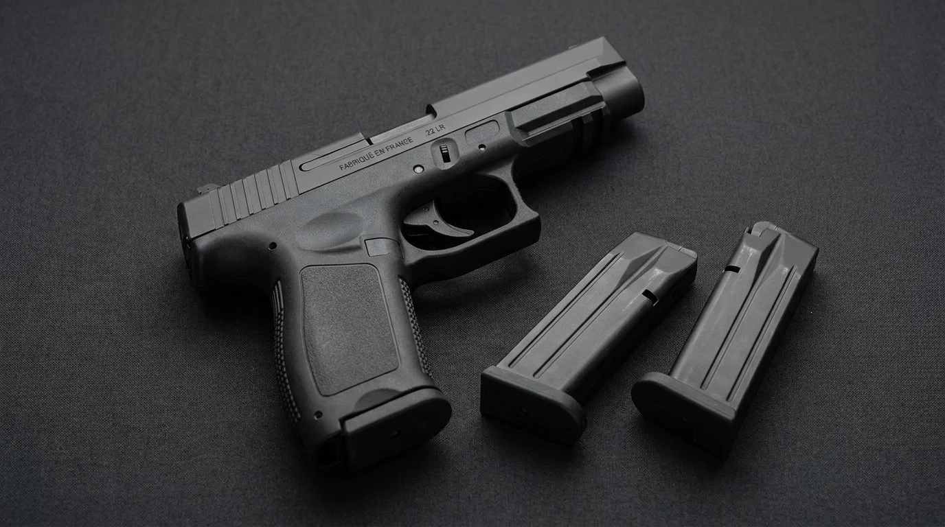 Pistolet semi-automatique calibre .22 LR avec ses chargeurs et finition noire mate