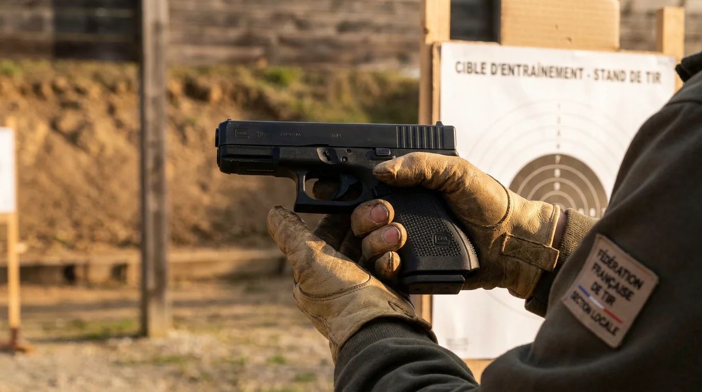 Prise en main ergonomique d'un pistolet semi-automatique compact en polymère au stand de tir