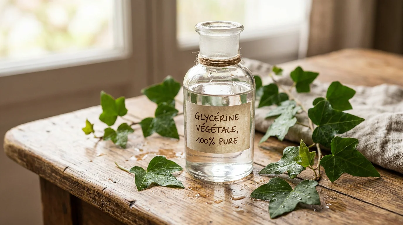 Flacon de glycérine végétale transparente posé sur une surface en bois naturel