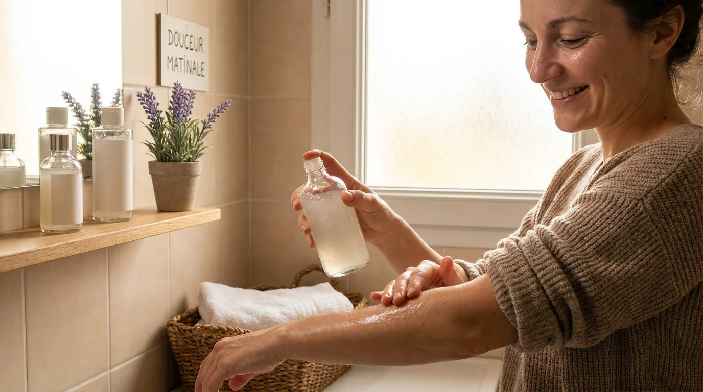 Femme appliquant un soin hydratant à la glycérine sur sa peau