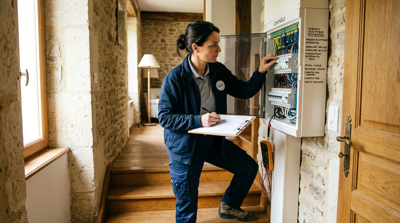 Diagnostiqueur certifié inspectant un tableau électrique avant une vente
