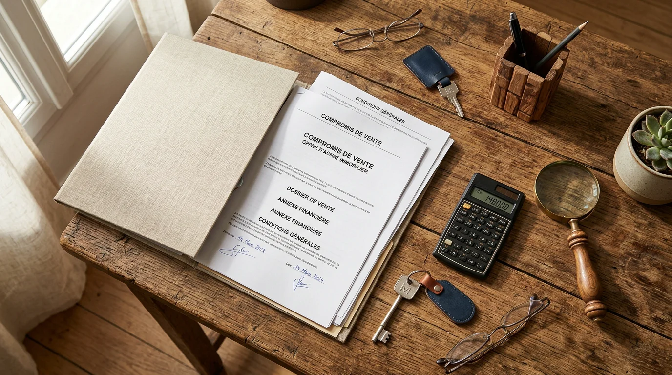 Documents de vente immobilière, clé et calculatrice sur un bureau