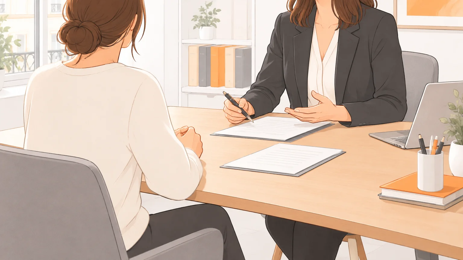 Client et avocate échangent au sujet de documents dans un bureau