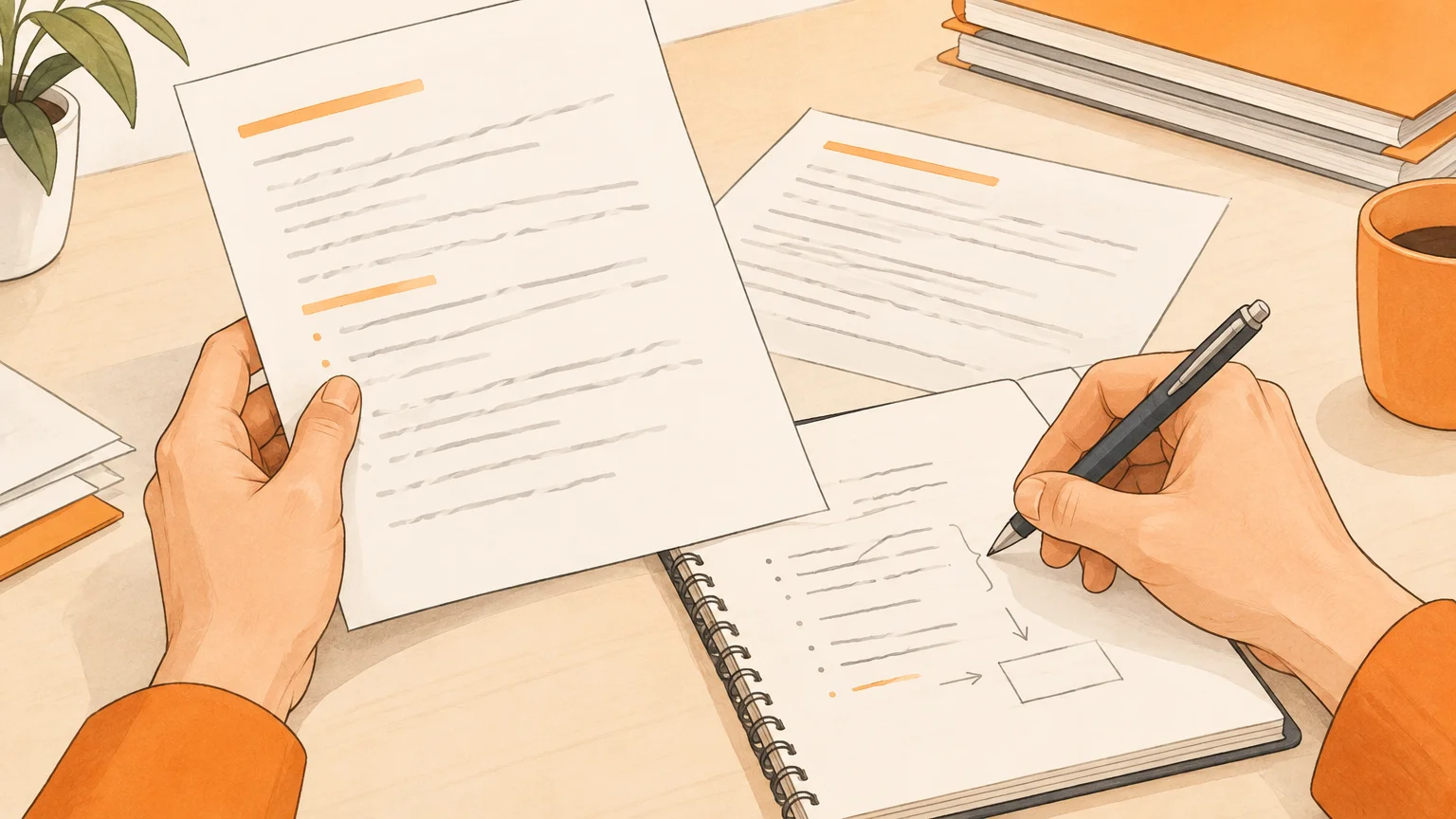 Mains annotant des documents pendant la préparation d’une audition