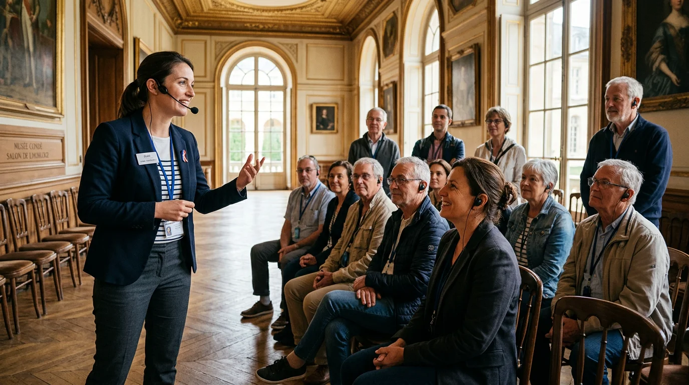 Guide touristique équipé d'un micro sans fil s'adressant à un groupe de visiteurs