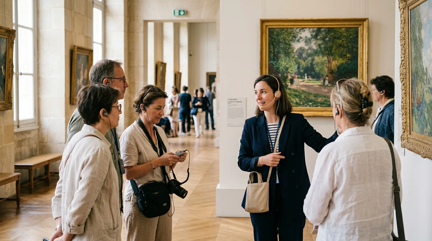 Guide équipé d'un micro serre-tête menant un groupe de visiteurs dans un musée