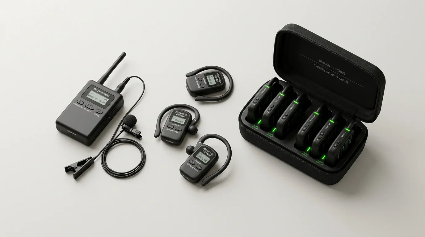 Émetteur, récepteurs tour d'oreille et valise de charge d'un système de visite guidée
