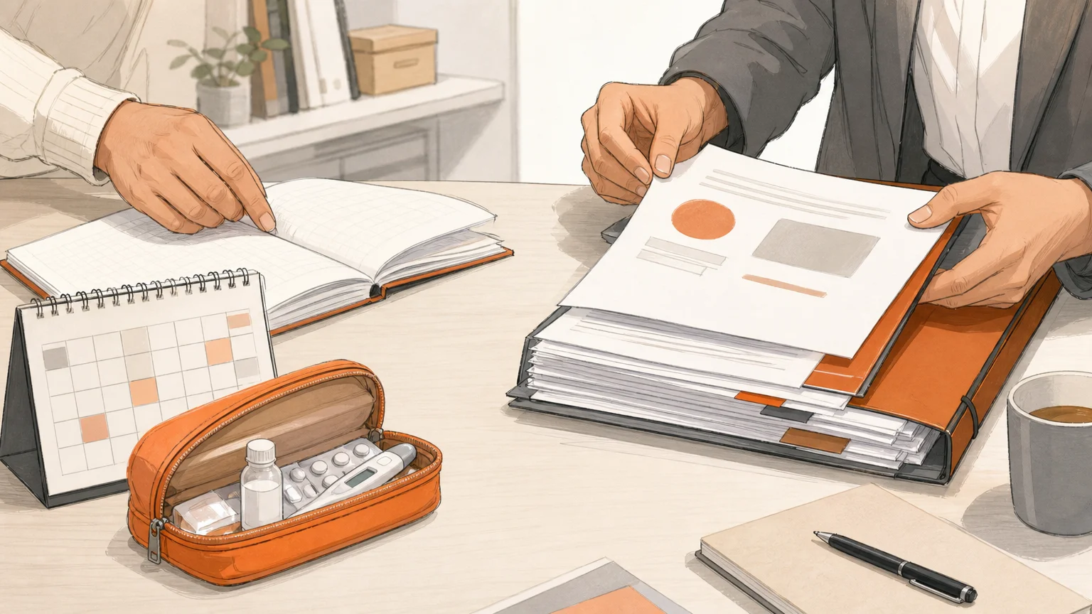 Illustration d’un bureau montrant des documents scolaires et médicaux liés aux décisions parentales.