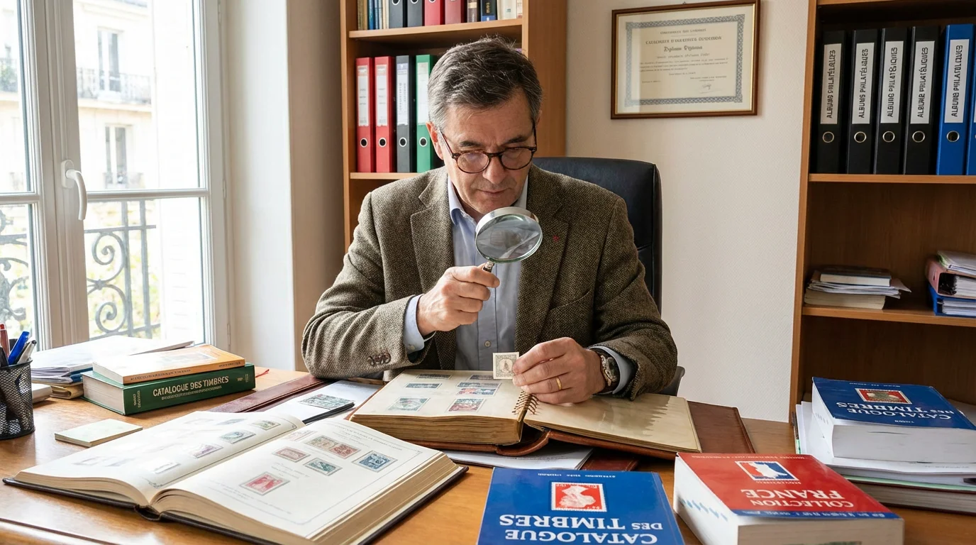Expert philatéliste examinant une collection de timbres à la loupe