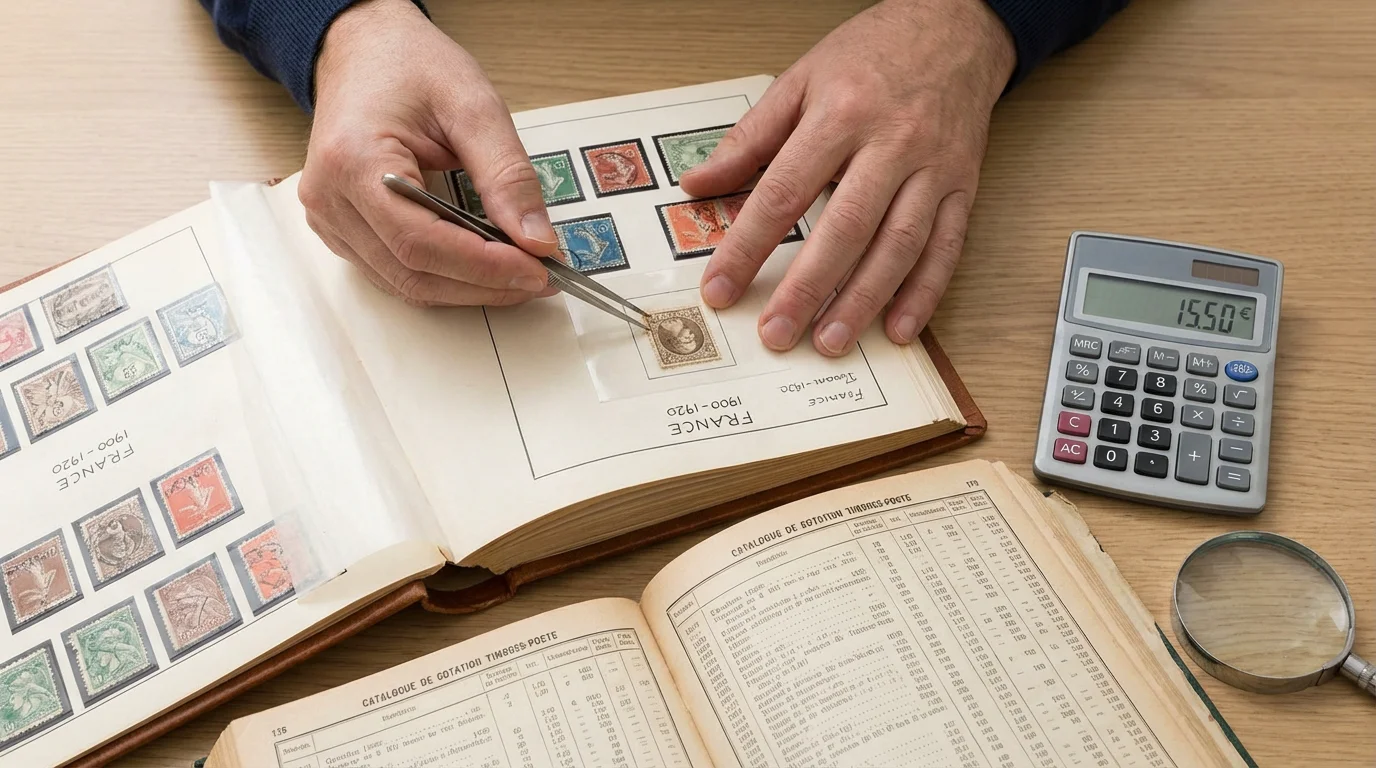 Manipulation de timbres anciens avec une pince philatélique lors d'une estimation