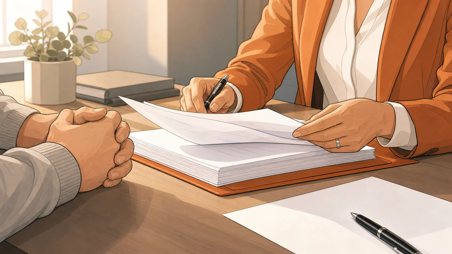 Gros plan sur des mains consultant des documents juridiques pendant un échange entre un client et un avocat.