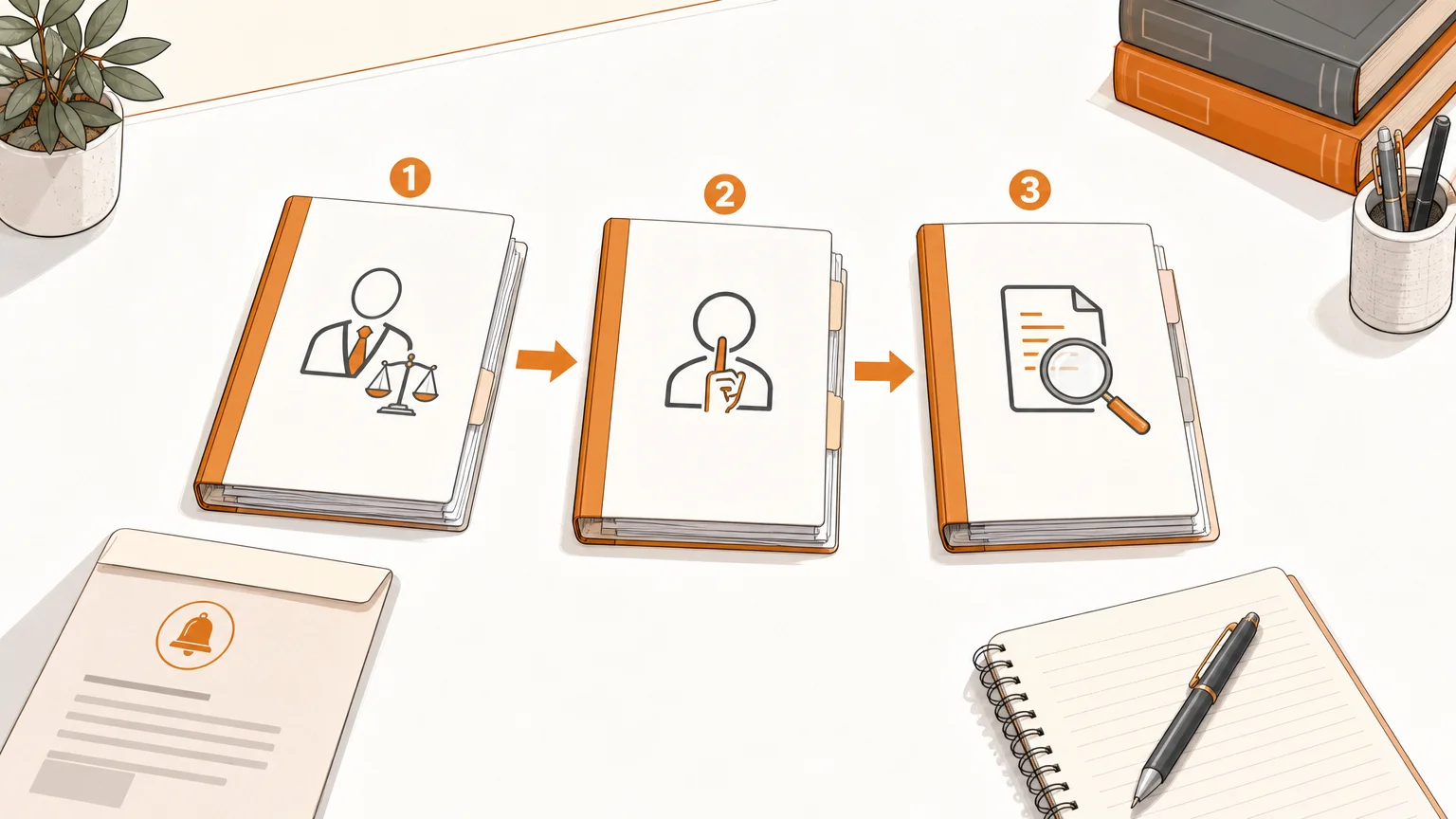 Vue plongeante sur des dossiers et documents juridiques organisés en étapes pratiques pour une garde à vue.