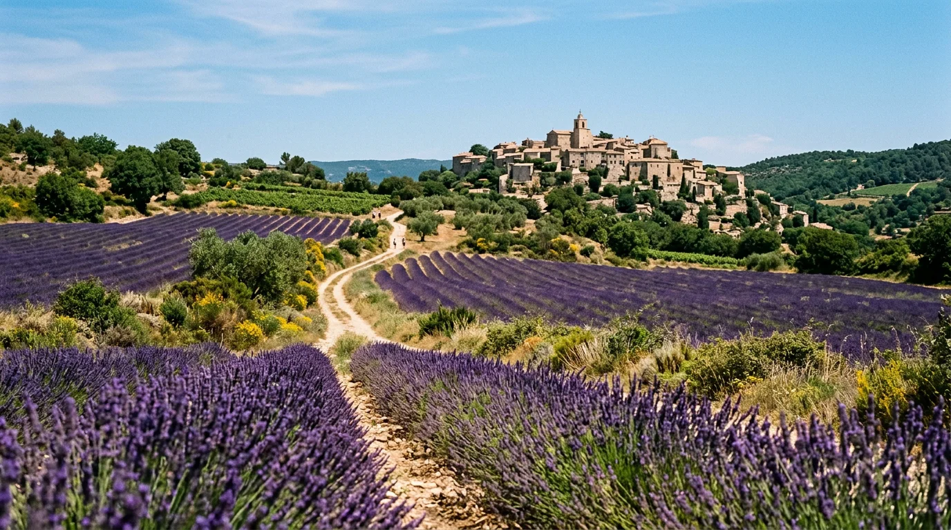 Champ de lavande et village perché du Luberon sous un ciel d'été