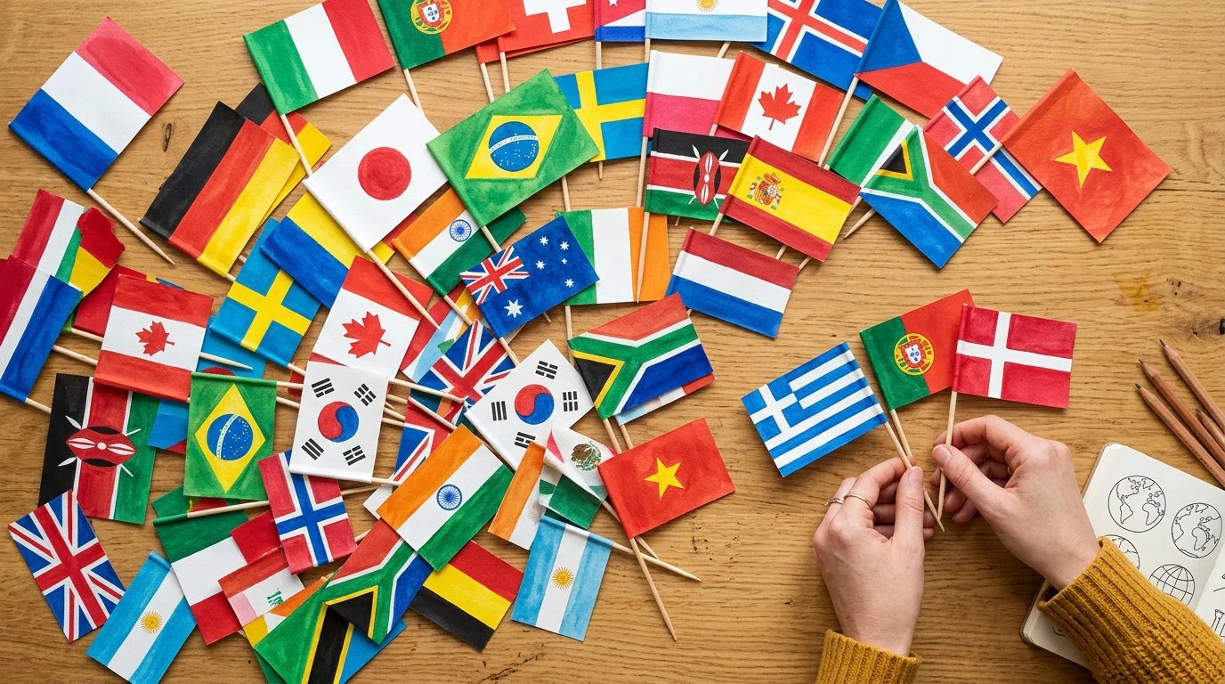Colorful national flags arranged on a table being sorted by hand