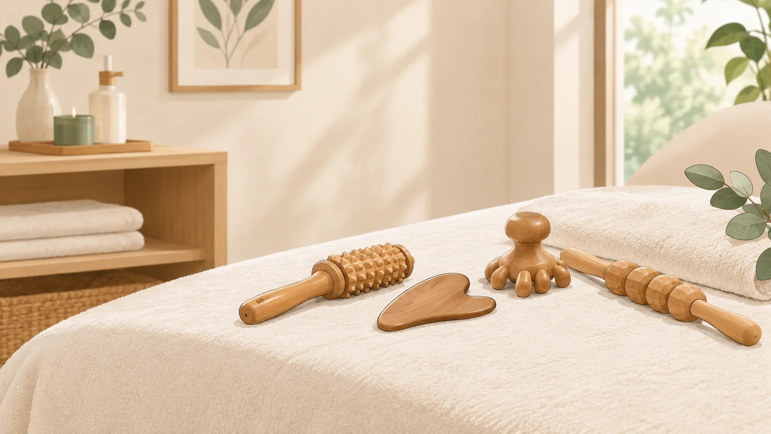 Accessoires en bois préparés pour un soin esthétique de silhouette