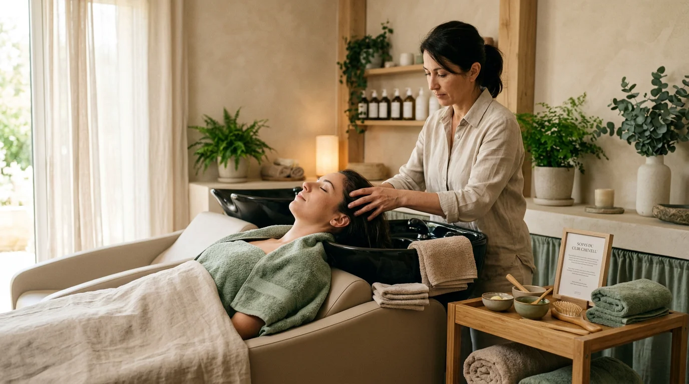 Praticienne réalisant un soin Head Spa japonais sur une cliente allongée