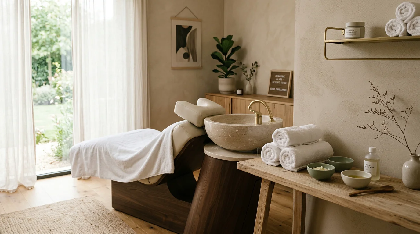 Station de lavage Head Spa dans une salle de soin épurée aux tons naturels