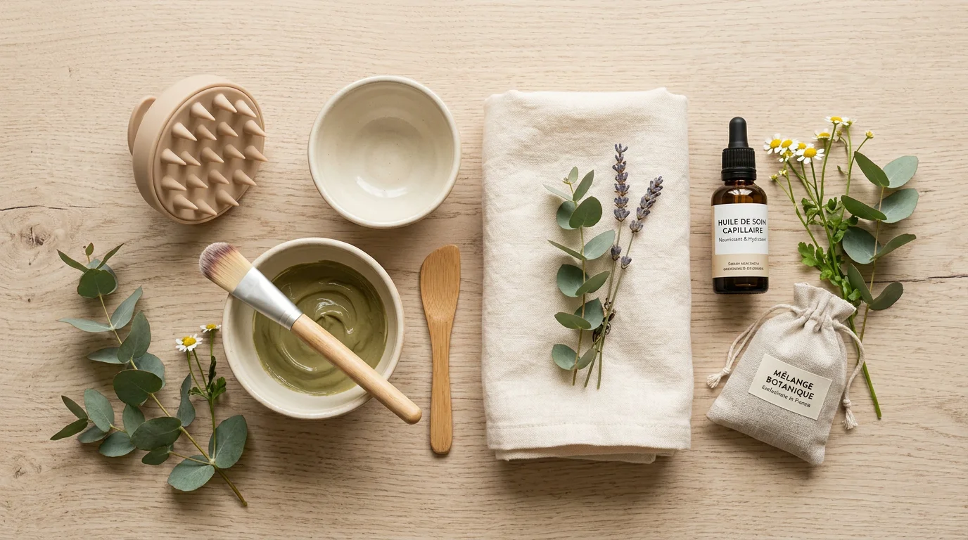 Outils essentiels pour débuter en Head Spa disposés à plat sur une surface en bois clair