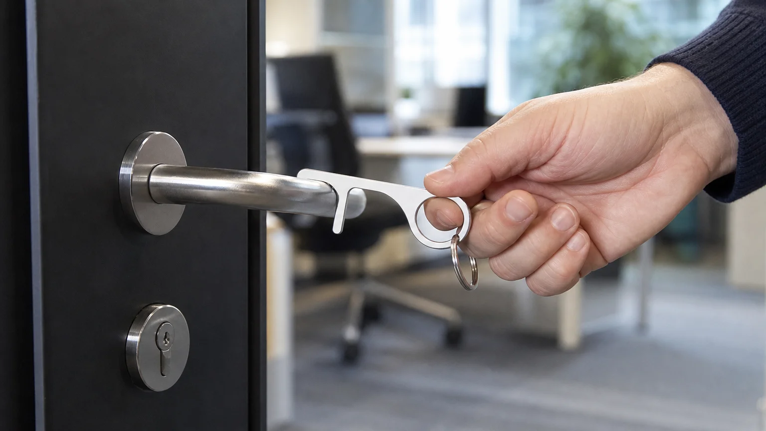Utilisation réaliste d’un ouvre-porte porte-clés pour tirer une poignée sans la saisir directement