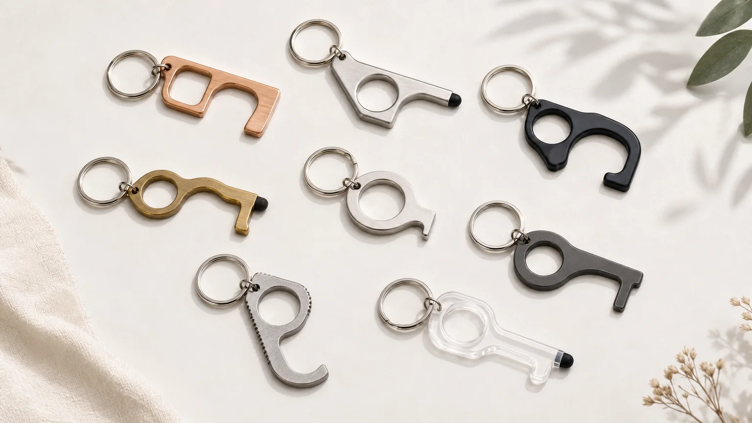 Différentes formes et finitions de porte-clés hygiéniques présentées sans allégation sanitaire
