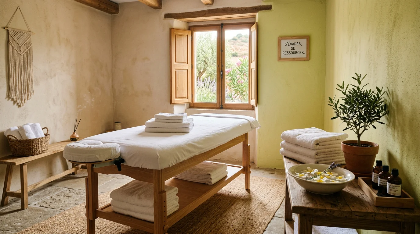 Cabine de massage lumineuse et épurée dans un institut de bien-être à Hyères