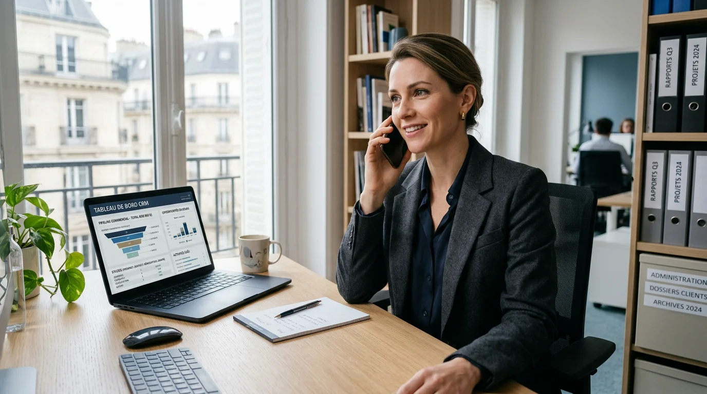 Commerciale européenne engageant un prospect au téléphone devant son pipeline