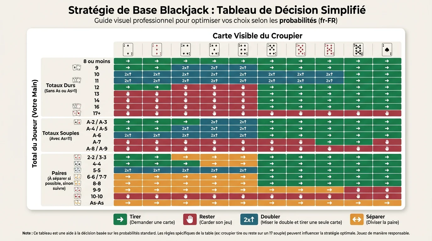 Tableau de décisions au blackjack selon les points du joueur et la carte du croupier
