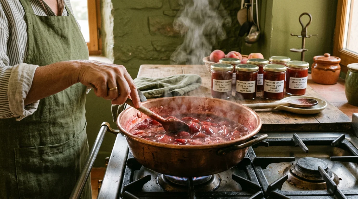 Confiture de pêche de vigne mijotant dans une bassine en cuivre