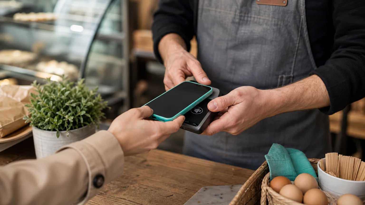 Paiement sans contact par smartphone au comptoir d’un commerce local