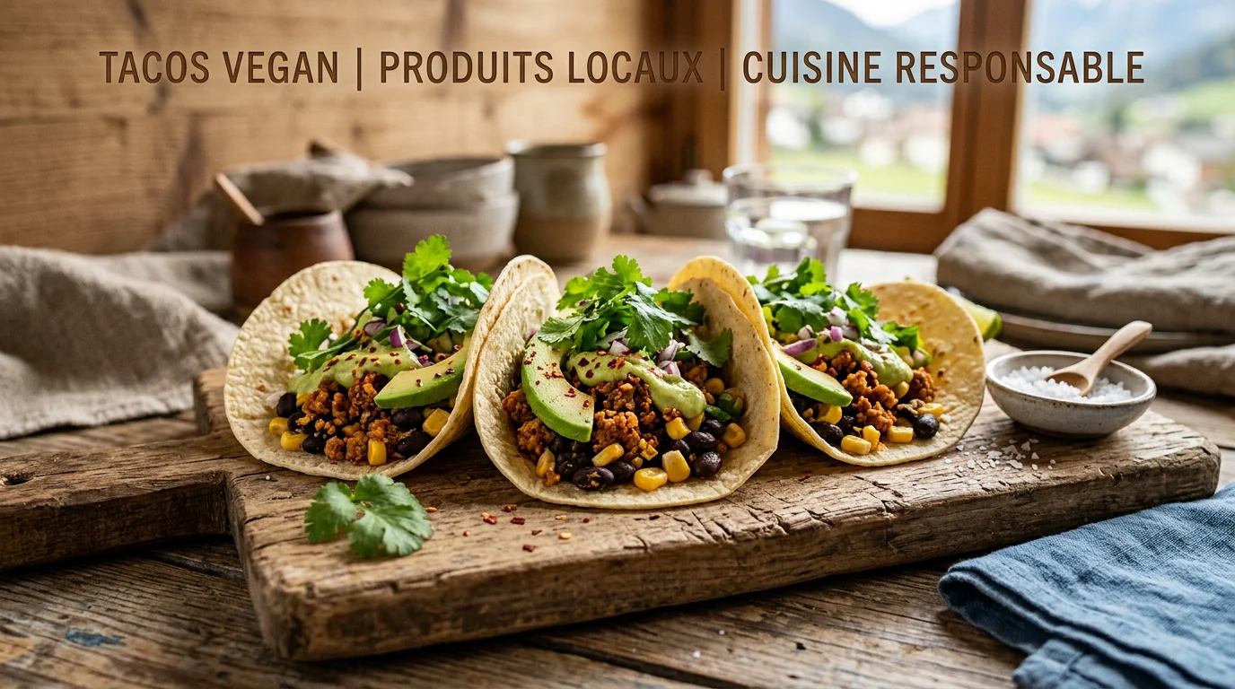 Trois tacos véganes garnis de haricots, maïs et avocat sur une planche en bois