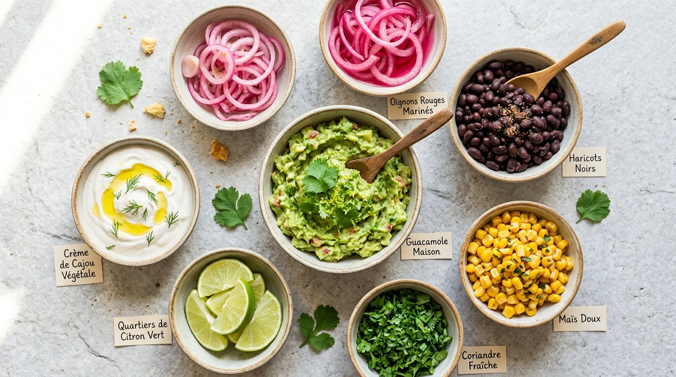 Bols de garnitures véganes pour tacos disposés à plat : guacamole, oignons marinés, maïs et coriandre
