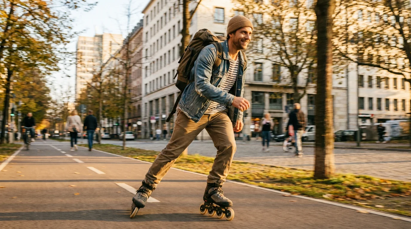 Patineur en roller en ligne sur une piste cyclable urbaine en fin de journée