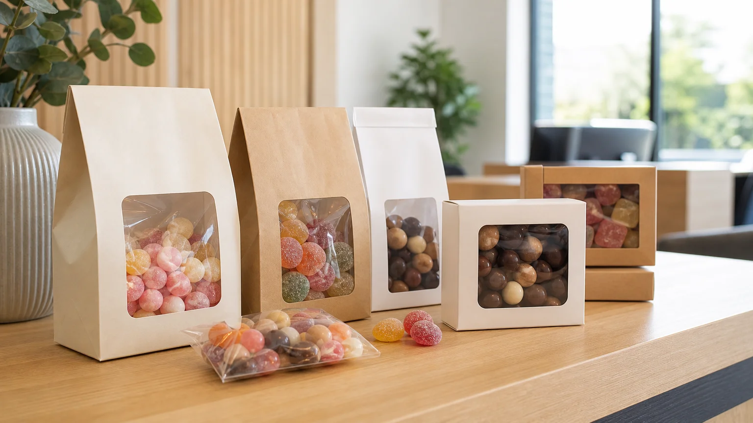 Sachets et boîtes de bonbons personnalisés sur un comptoir d'accueil d'entreprise