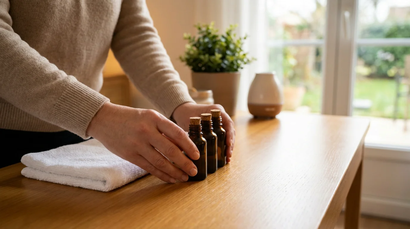 Trois flacons d'huiles essentielles disposés sur un bureau de thérapeute pour un protocole structuré