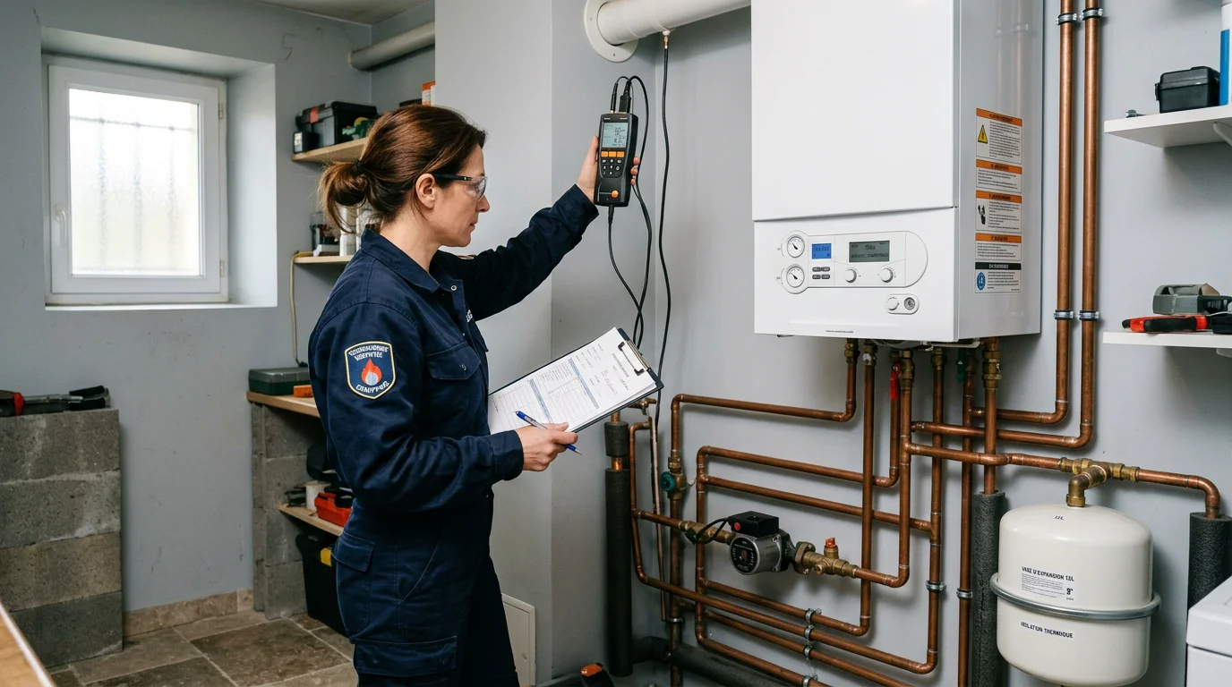 Technicien contrôlant une installation intérieure de gaz selon la norme NF P45-500