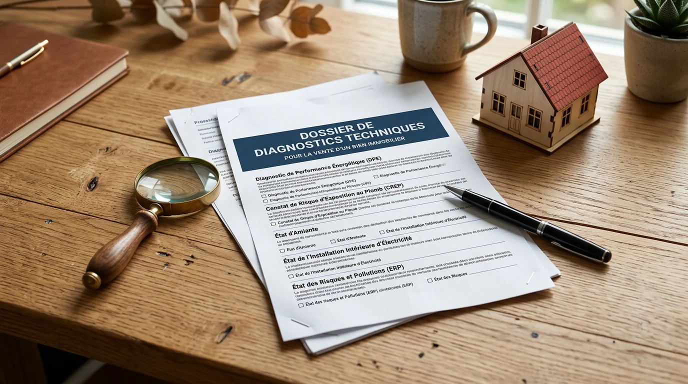 Rapport de diagnostic gaz posé sur un bureau avec loupe et maquette de maison