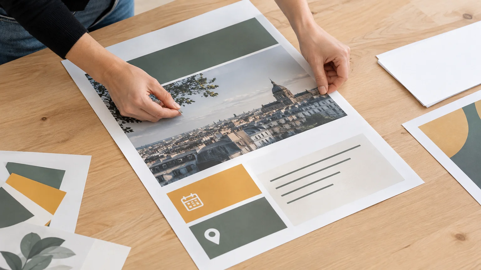 Préparation des éléments d’une affiche événementielle sur une table