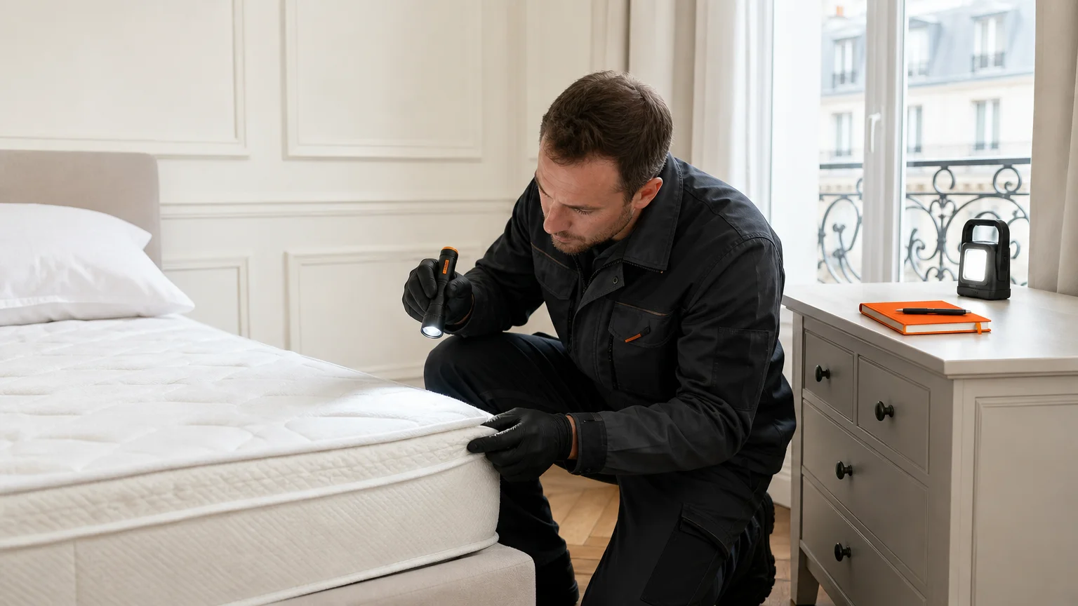 Technicien inspectant une literie contre les punaises de lit à Paris