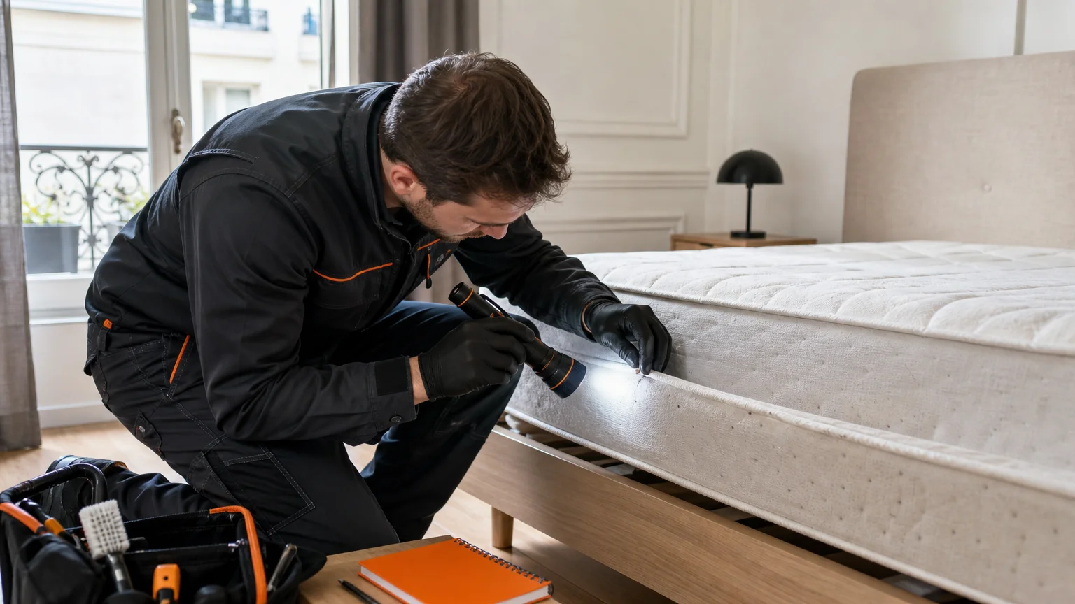 Inspection professionnelle des coutures d’un matelas à la recherche de punaises de lit