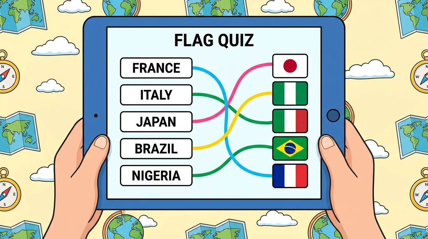 Hands holding a tablet showing a flag matching quiz with countries and flags connected by lines