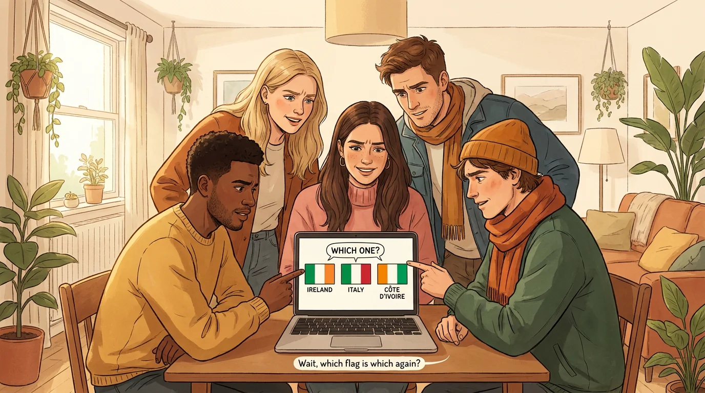 Group of friends looking puzzled at similar tricolor flags on a laptop screen