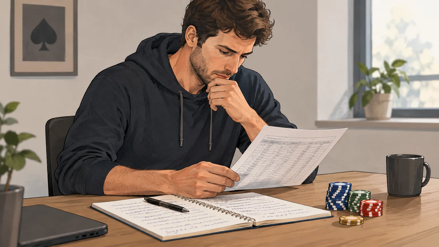 Un joueur relit ses notes et un historique de mains après une session de poker.